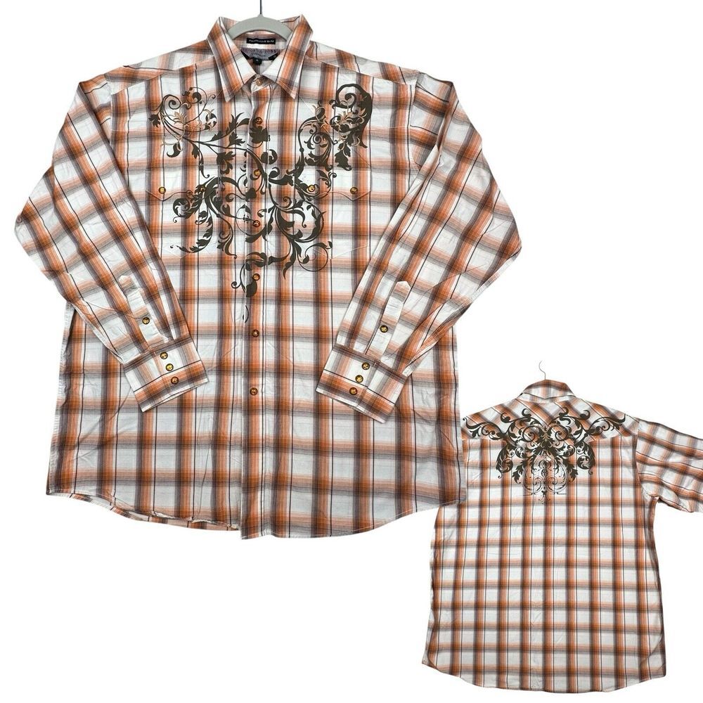Panhandle Slim Shirt Mens XL Plaid Brooks & Dunn Pearl Snap Embroidered Western